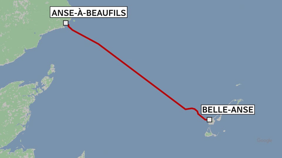 Une carte sur laquelle un tracé relie L'Anse-à-Beaufils à Belle-Anse.