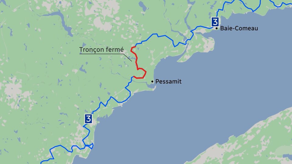 Une carte qui représente le tronçon de 33 kilomètres de la TransQuébec-3 qui sera fermé aux motoneigistes allochtones.