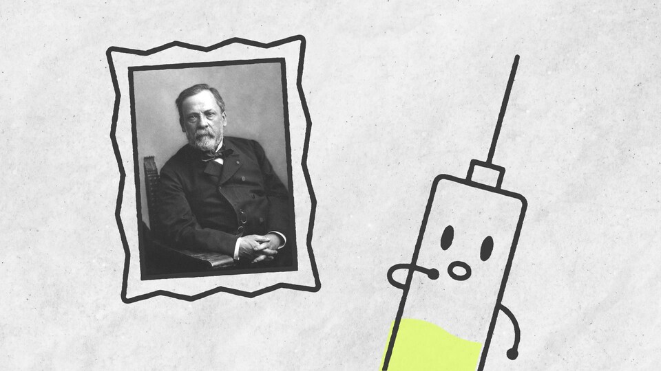 Illustration d'une seringue qui regarde une photo de Louis Pasteur.
