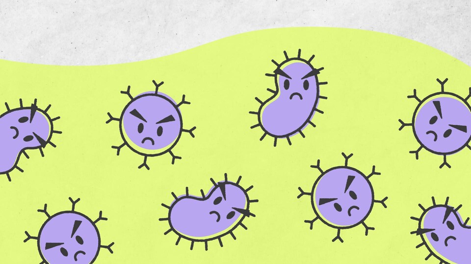 Illustration de virus et de bactéries dans une seringue.