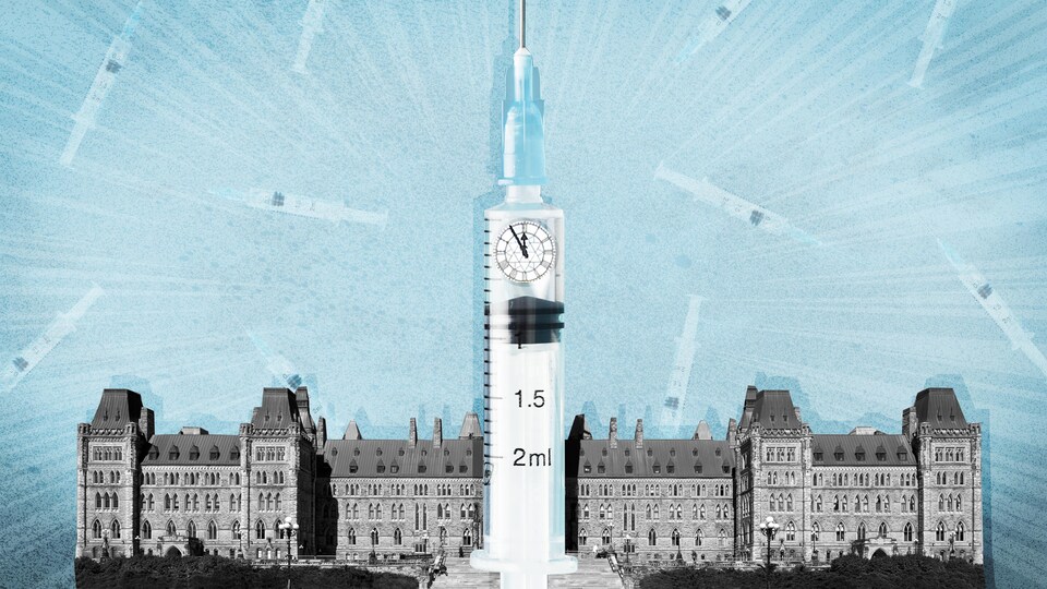Illustration du parlement d'Ottawa dont la tour principale a été remplacée par une seringue.
