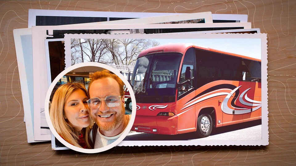 Montage photo de Jaja Plouffe, son conjoint Martin et d'un autobus.
