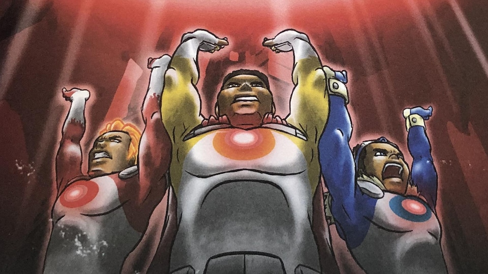 Une page d'une bande dessinée où sont représentés trois jeunes superhéros.