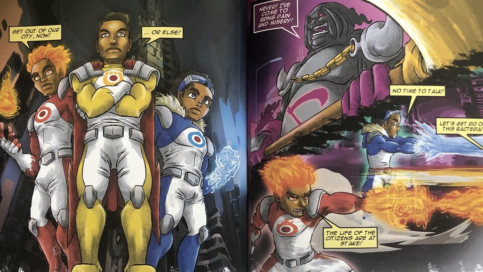 Deux pages d'une bande dessinée où sont représentés trois jeunes superhéros.