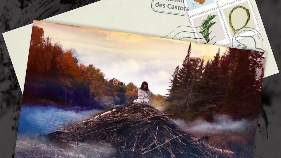 Montage d'une carte postale et d'une photo d'une femme sur une grande pile de branches.