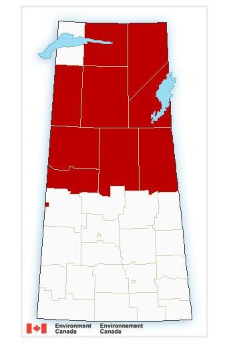 Une carte de la Saskatchewan où le nord de la province est en rouge. 