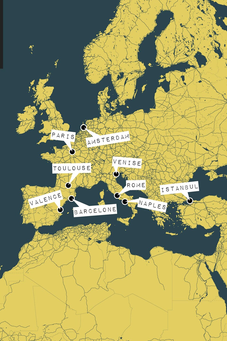 Une carte qui illustre plusieurs villes d'Europe.