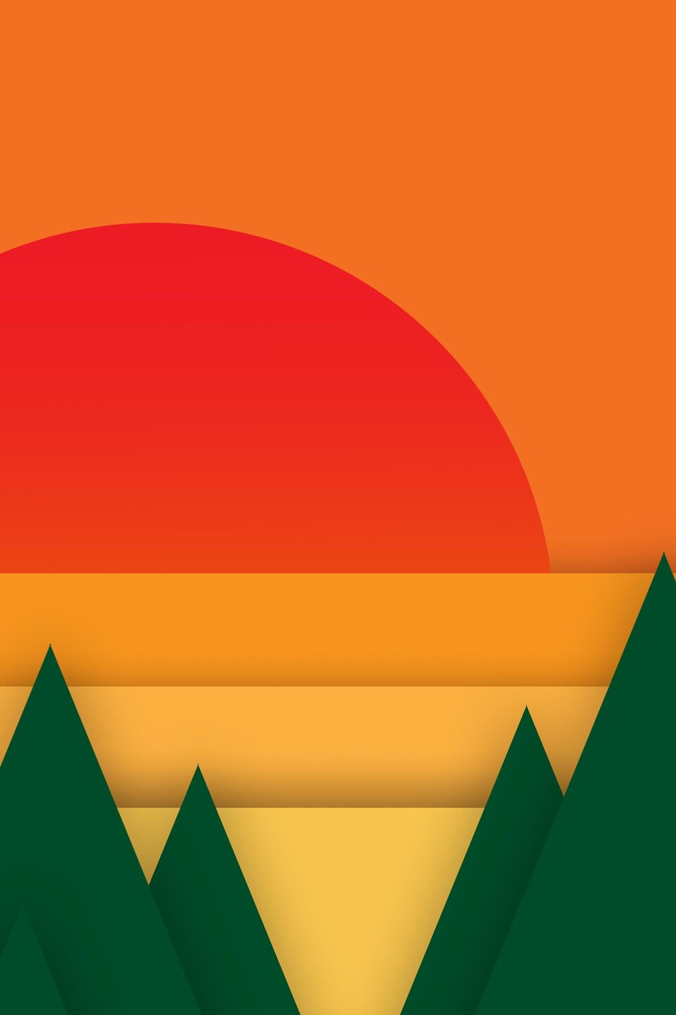 Illustration thème du dossier, montrant un paysage de couleur orange avec un soleil levant rouge et des sapins verts.
