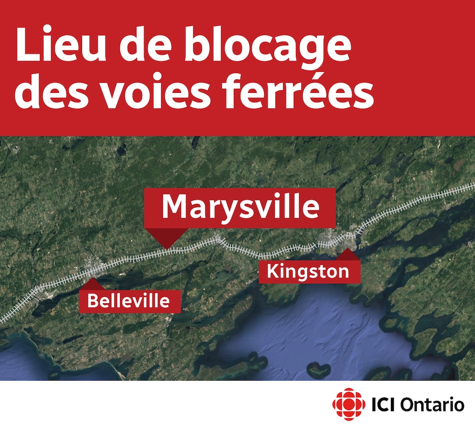 Carte indiquant le lieu du blocage ferroviaire, situé à Marysville à l'ouest de Kingston.