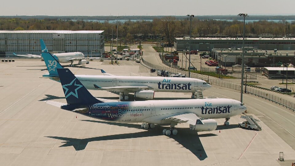 Deux avions d'Air Transat garés sur le tarmac.