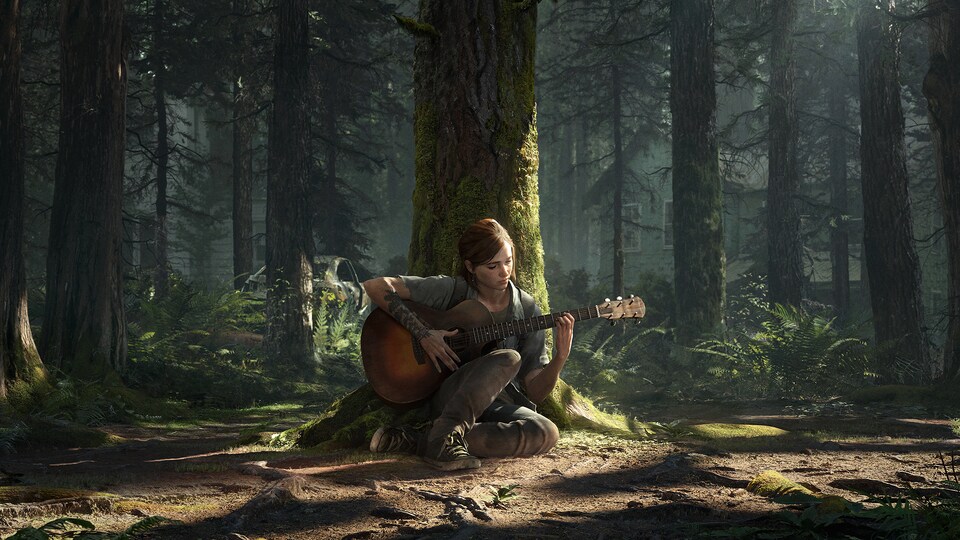 Une image officielle du jeu «The Last of Us Part II». On y voit un personnage jouer de la guitare dans une forêt.