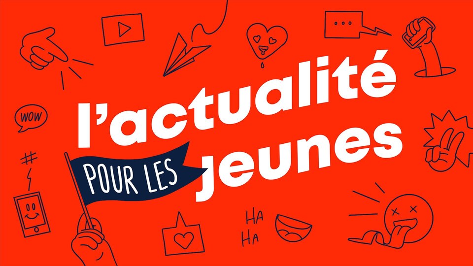 Illustration: fond rouge sur lequel apparaît le texte « l'actualité pour les jeunes ». Plusieurs emojis sont disposés autour du texte.