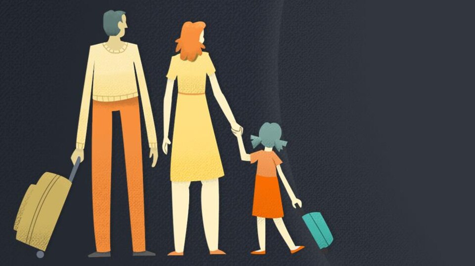 Illustration d'une famille d'immigrants avec leurs valises