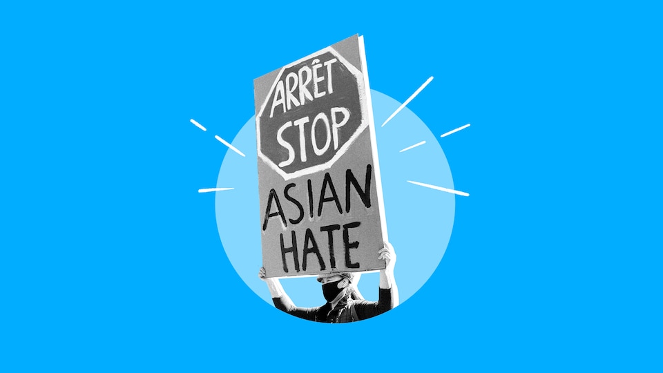 Personne tenant une pancarte sur laquelle il est écrit « stop asian hate ».