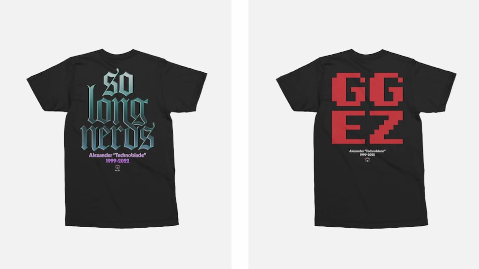 Une photo de deux t-shirts noirs avec le texte « so long nerds » et « GG EZ »