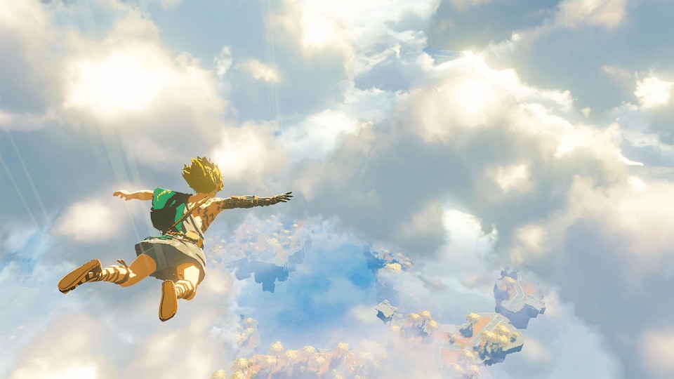 Link vole dans les nuages. Il semble tomber. Plus bas, des îles flottent au-dessus du vide.