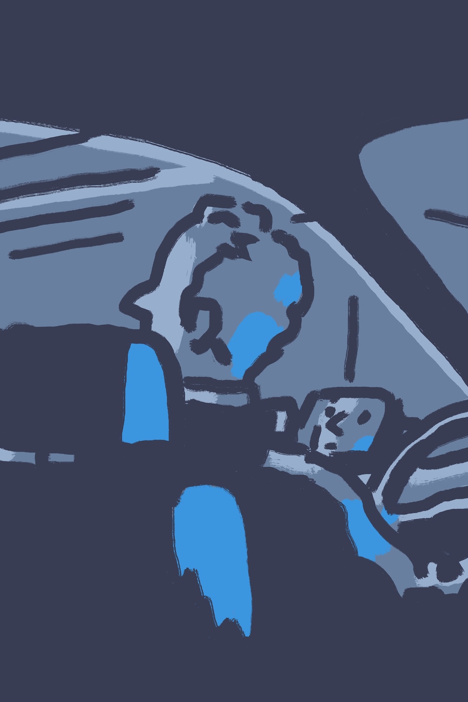 En dessin : un homme qui conduit une voiture et qui regarde par la fenêtre à sa gauche.
