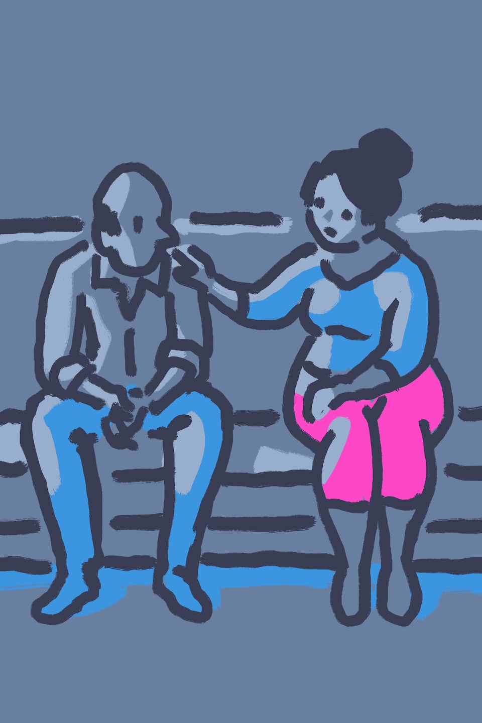 En dessin : une femme et un homme assis sur un divan. La femme met sa main sur l'épaule de l'homme.