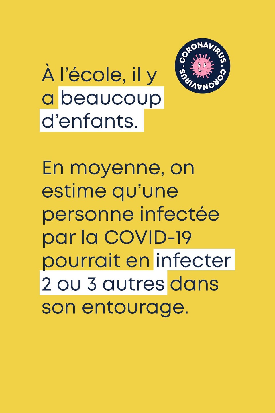 À l’école, il y a beaucoup d’enfants. En moyenne, on estime qu’une personne infectée par la COVID-19 pourrait en infecter 2 ou 3 autres dans son entourage.