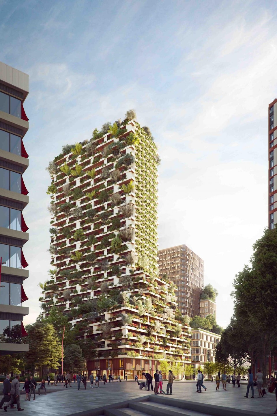 Un croquis de Wonderwoods, une grande tour couverte de plantes et d'arbres au milieu d'une ville.