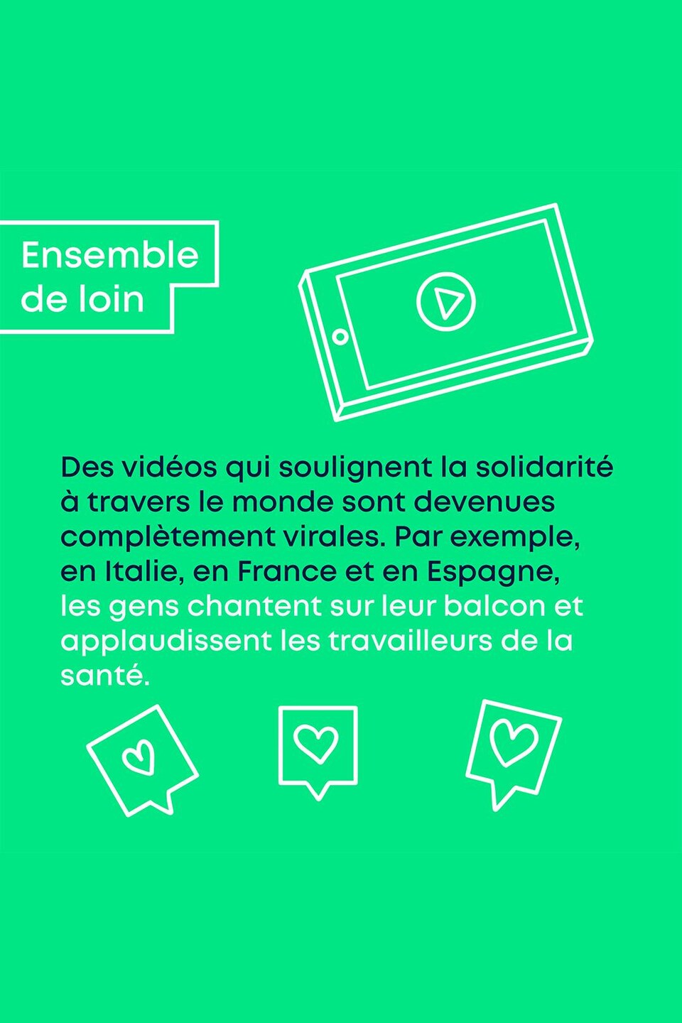 Ensemble de loin. Des vidéos qui soulignent la solidarité à travers le monde sont devenues complètement virales. Par exemple, en Italie, en France et en Espagne, les gens chantent sur leur balcon et applaudissent les travailleurs de la santé.