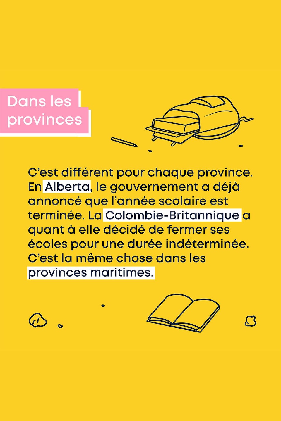C’est différent pour chaque province. Par exemple, en Alberta, le gouvernement a déjà annoncé que l’année scolaire est terminée. La Colombie-Britannique a quant à elle décidé de fermer ses écoles pour une durée indéterminée. Dans les provinces maritimes, les écoles sont également fermées.