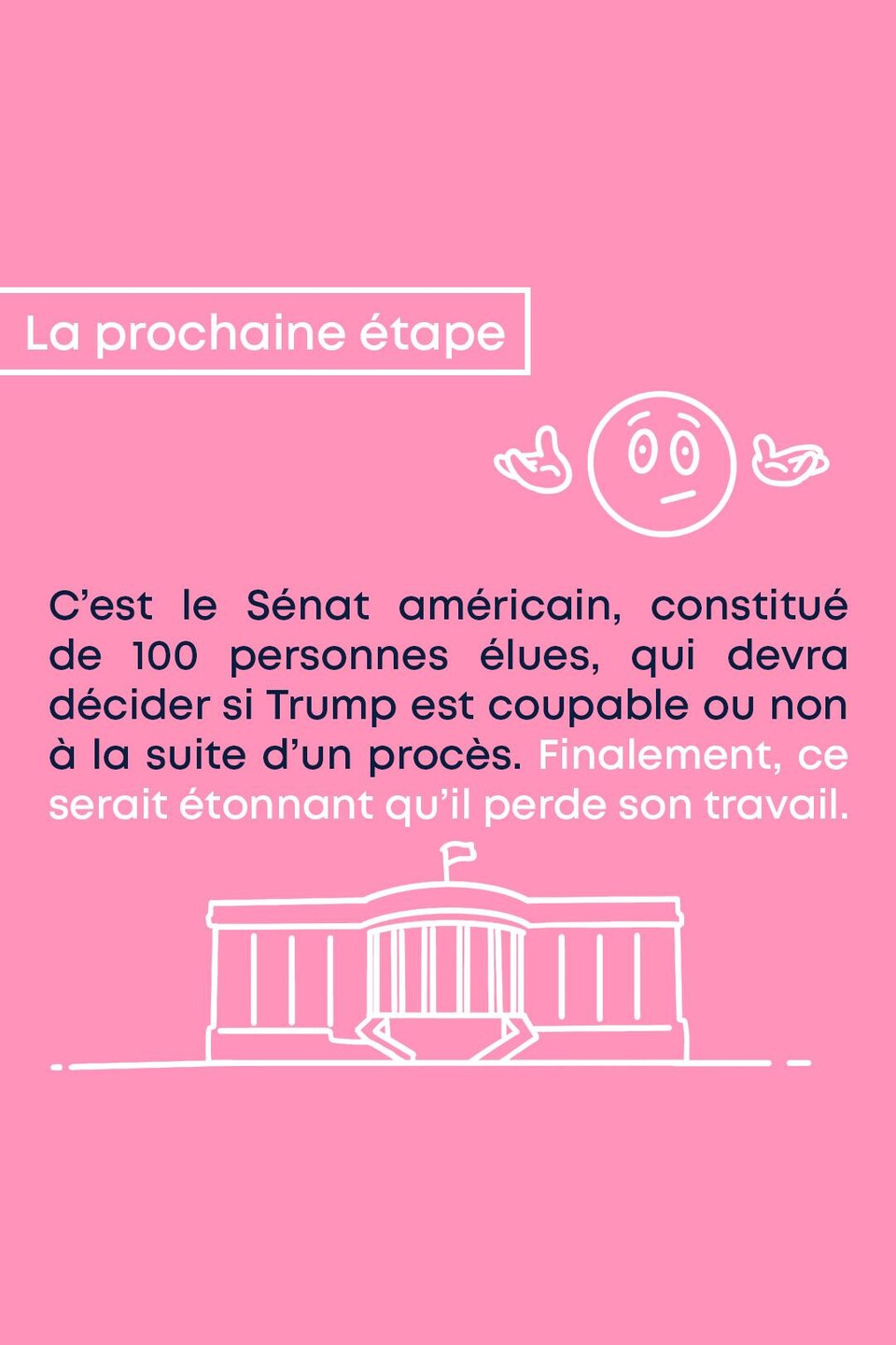La prochaine étape
C’est le Sénat américain, constitué de 100 personnes élues, qui devra décider si Trump est coupable ou non à la suite d’un procès. Finalement, ce serait étonnant qu’il perde son travail.