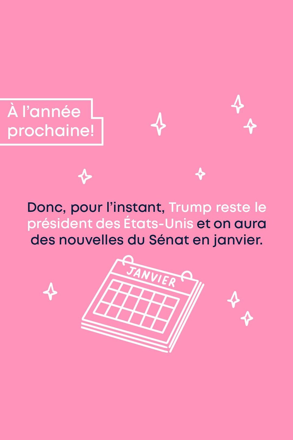 À l’année prochaine!
Donc, pour l’instant, Trump reste le président des États-Unis et on aura des nouvelles du Sénat en janvier.