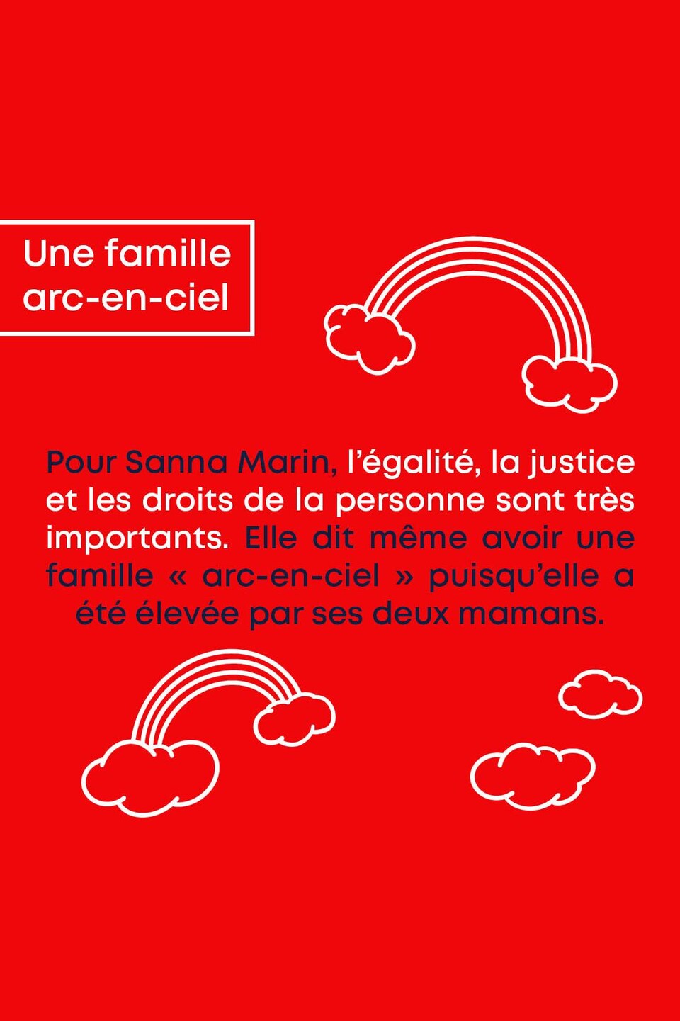 Une famille arc-en-ciel. Pour Sanna Marin, l’égalité, la justice et les droits de la personne sont très importants. Elle dit même avoir une famille « arc-en-ciel » puisqu’elle a été élevée par ses deux mamans.