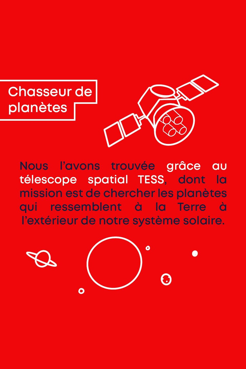 Chasseur de planètes
Nous l’avons trouvée grâce au télescope spatial TESS, dont la mission est de chercher les planètes qui ressemblent à la Terre à l’extérieur de notre système solaire.
