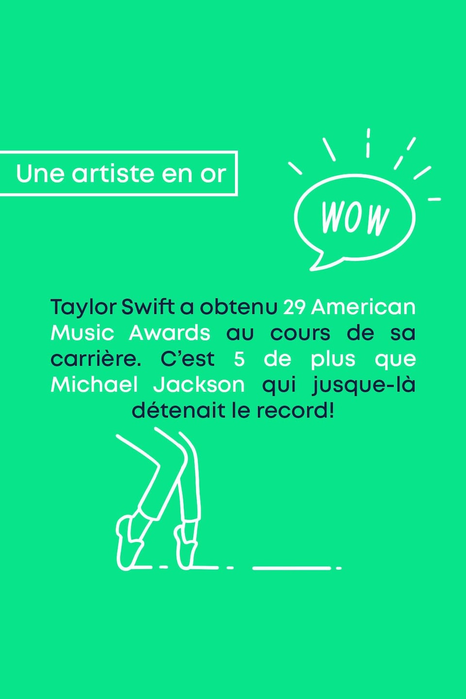 Une artiste en or. Taylor Swift a obtenu 29 American Music Awards au cours de sa carrière. C'est 5 de plus que Michael Jackson qui jusque-là détenait le record!