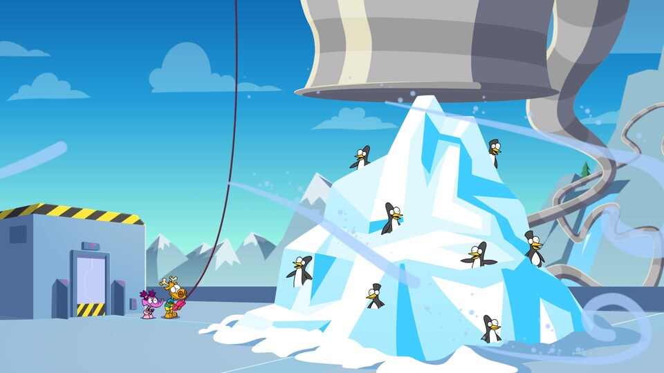 Mini-Jean et Mini-Bulle avec une tonne de neige et de pingouins. 
