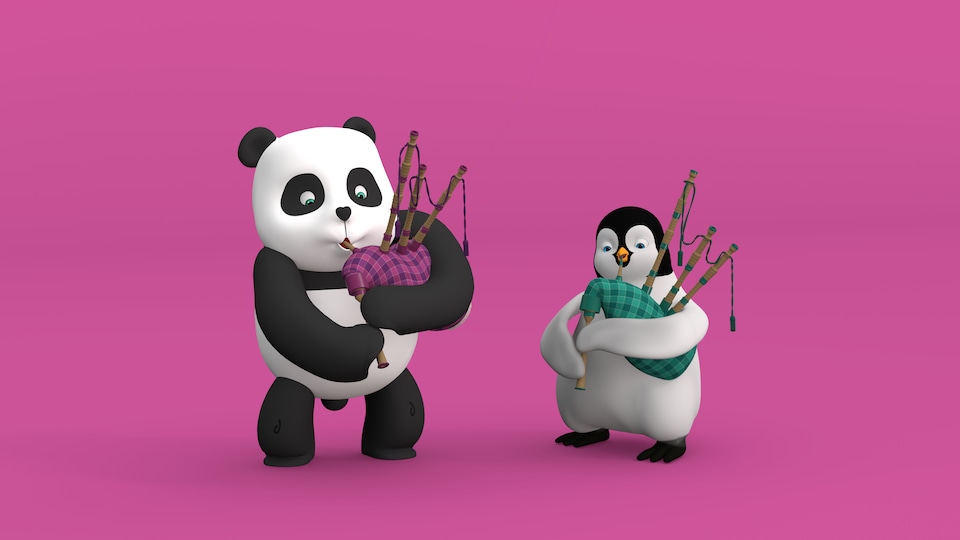Le panda joue de la cornemuse avec un ami pingouin.