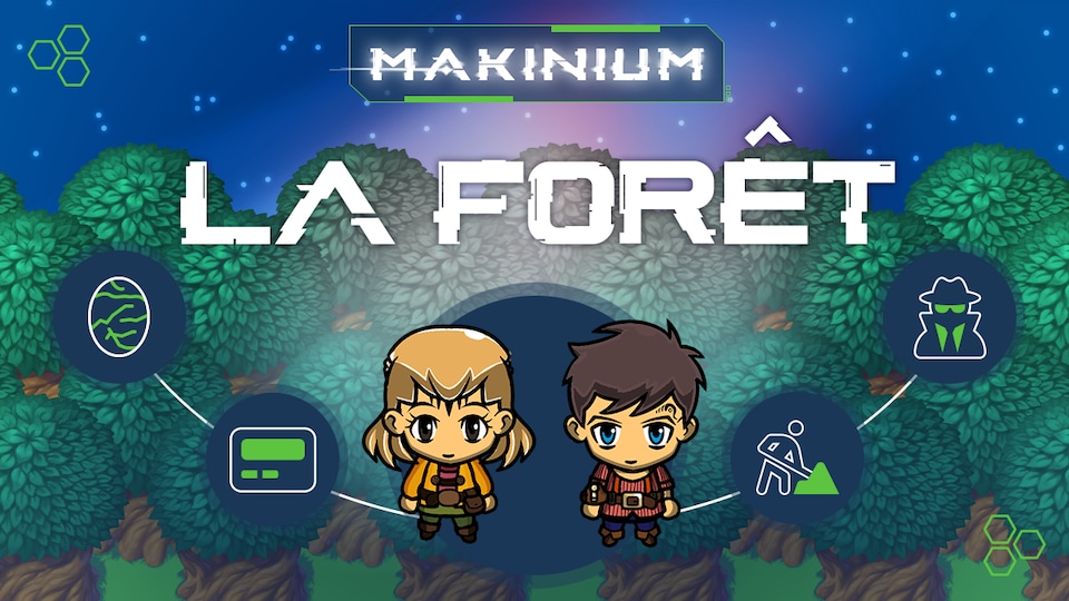 Jeu associé à la série Makinium. On voit deux personnages animés, une fille et un garçon, entourés de forêt