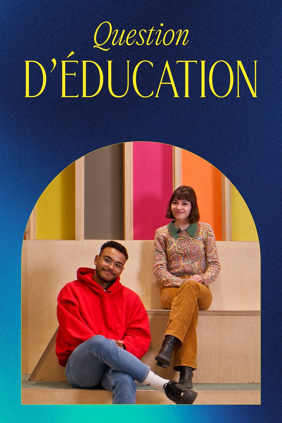 Une photo d’Estelle Fournier et Karl-Antoine Suprice à côté du texte “Question d’éducation” et le logo de MAJ.
