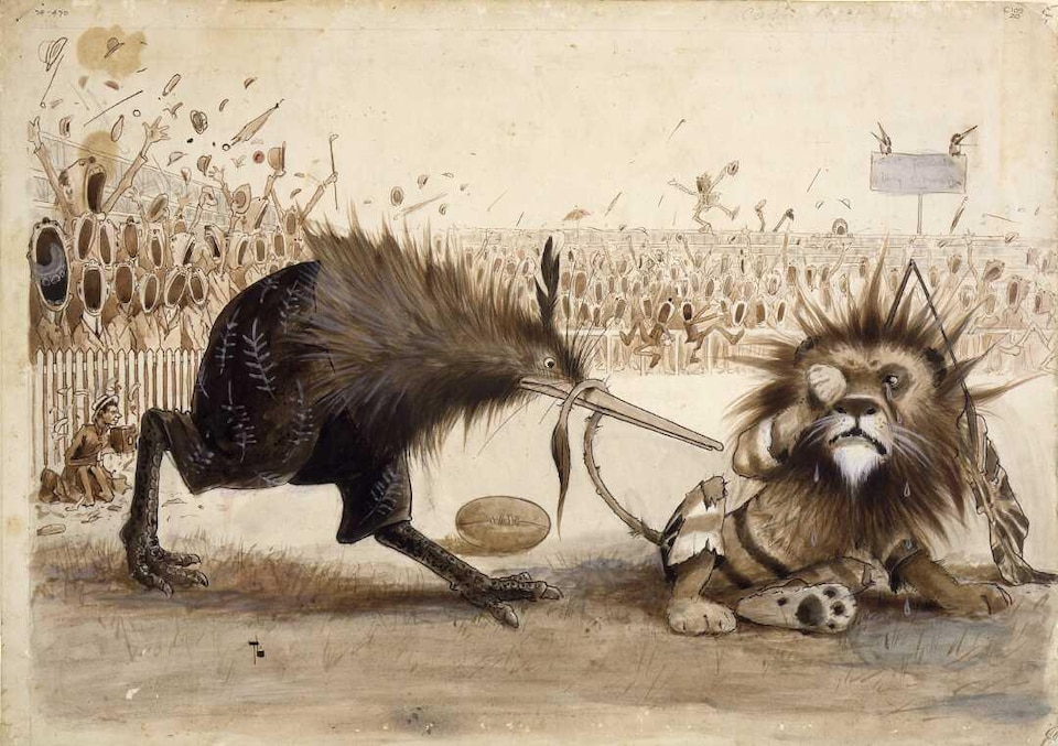 Un dessin d'un kiwi d'apparence robuste à côté d'un lion qui pleure dans un stade de rugby.
