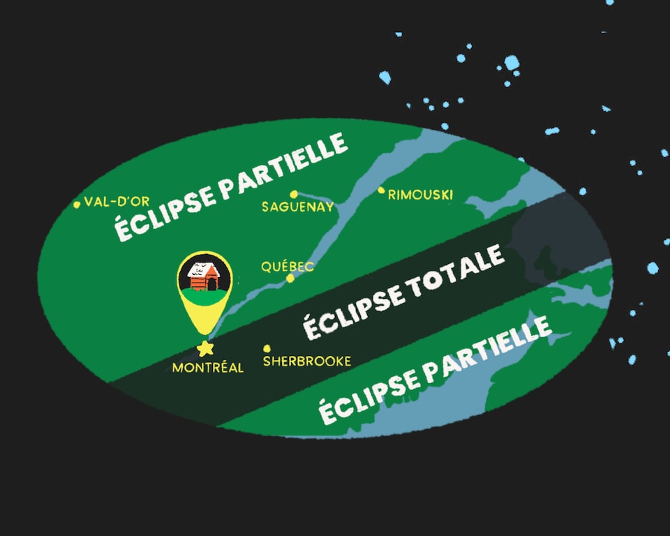 Une illustration d'une carte, où une niche de chien à Montréal et la ville de Sherbrooke  sont dans la zone de l'éclipse totale. Val-d'Or, Saguenay, Rimouski et la ville de Québec sont dans la zone d'éclipse partielle sur la carte.