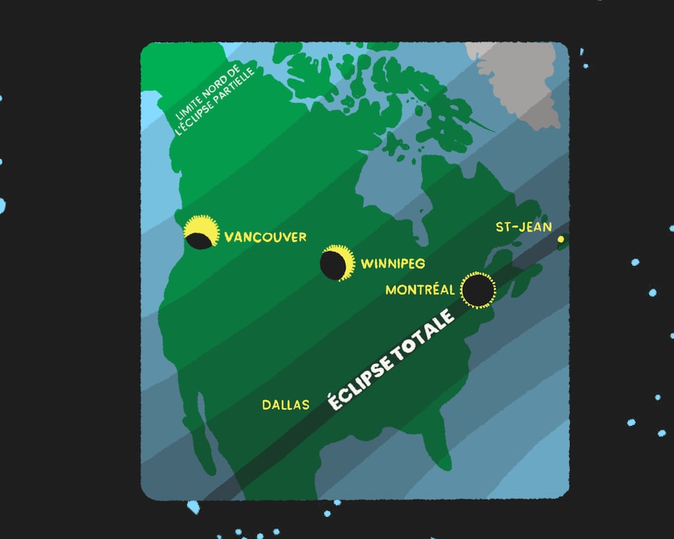 Une illustration d'une carte de l'Amérique du Nord. Les villes de St-Jean, Montréal et Dallas sont dans la zone de totalité. Winnipeg et Vancouver auront une éclipse partielle.