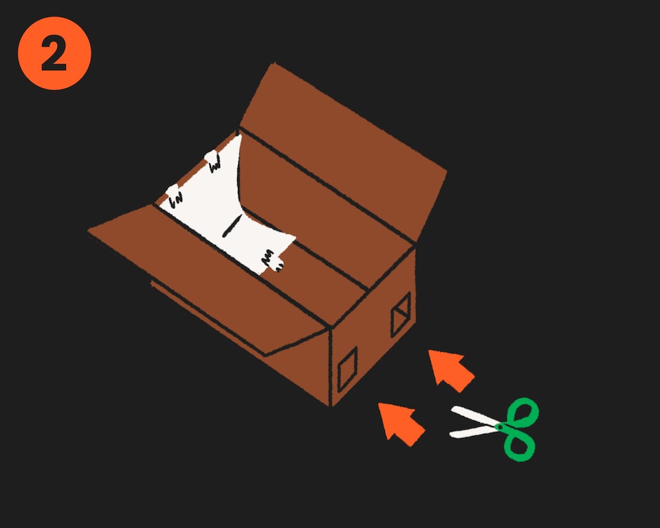 Une illustration d'une boîte de carton vide ouverte avec une feuille blanche collée sur un côté avec du ruban adhésif, et des ciseaux qui coupent deux trous sur l'autre côté.