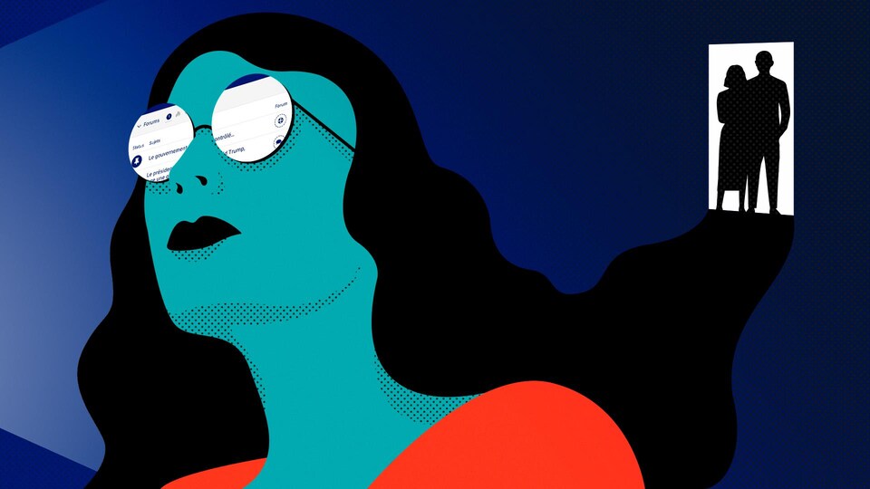 Illustration d'une femme devant son écran d'ordinateur, dont on voit le reflet dans ses lunettes de sa navigation sur des forums complotistes.