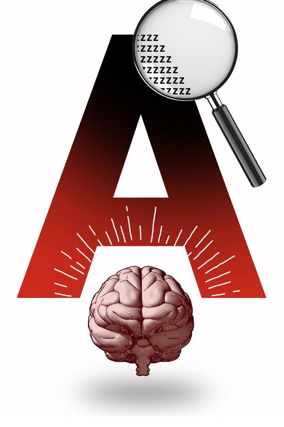 Un cerveau qui observe avec un loupe une immense lettre A majuscule constituée de minuscules lettres Z.