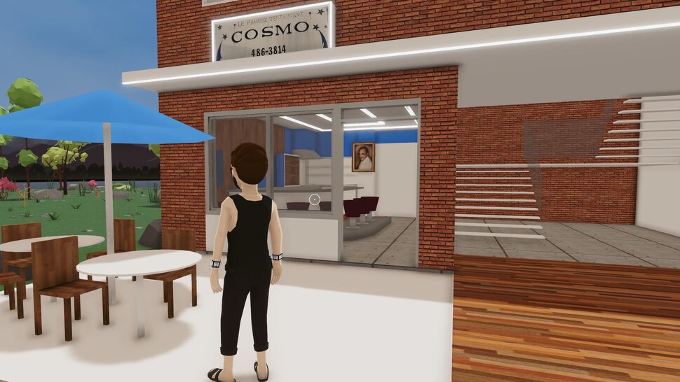 Un avatar visite le restaurant Famous Cosmos sur Decentraland. 