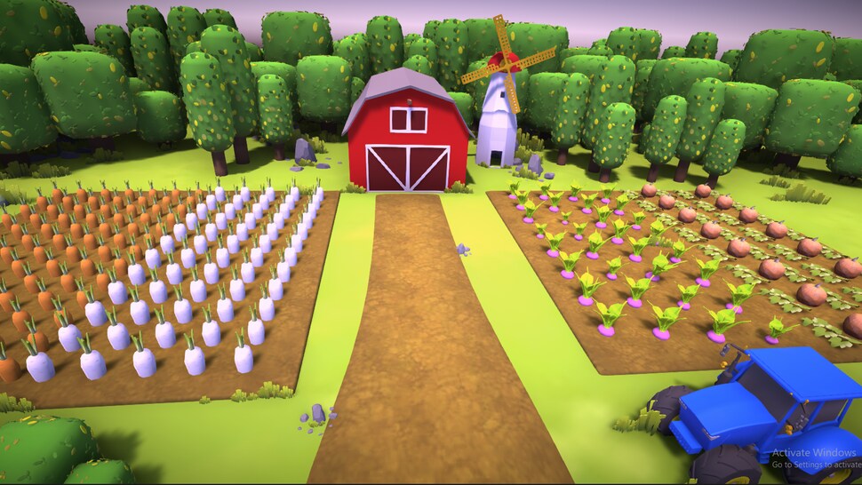 Une ferme virtuelle est entourée de champs de légumes. 