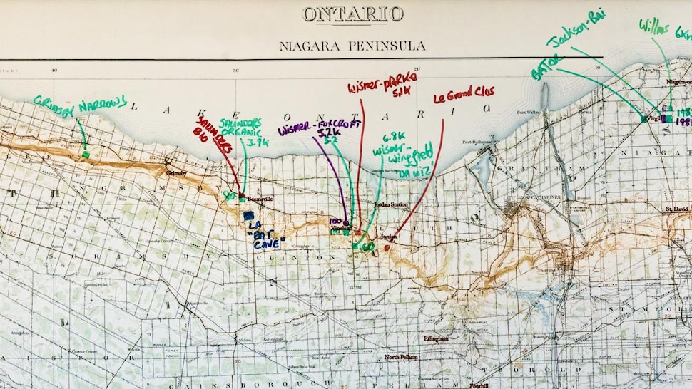 Carte de la péninsule de Niagara avec des annotations pour le vignoble.