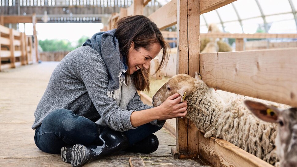 Geneviève O'Gleman qui flatte un agneau.
