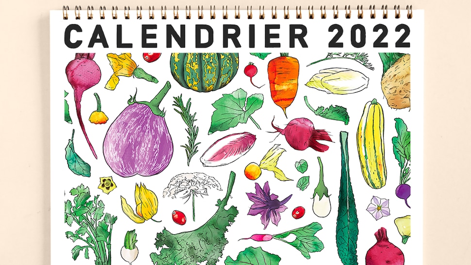 Un calendrier avec des illustrations de fruits et légumes du Québec