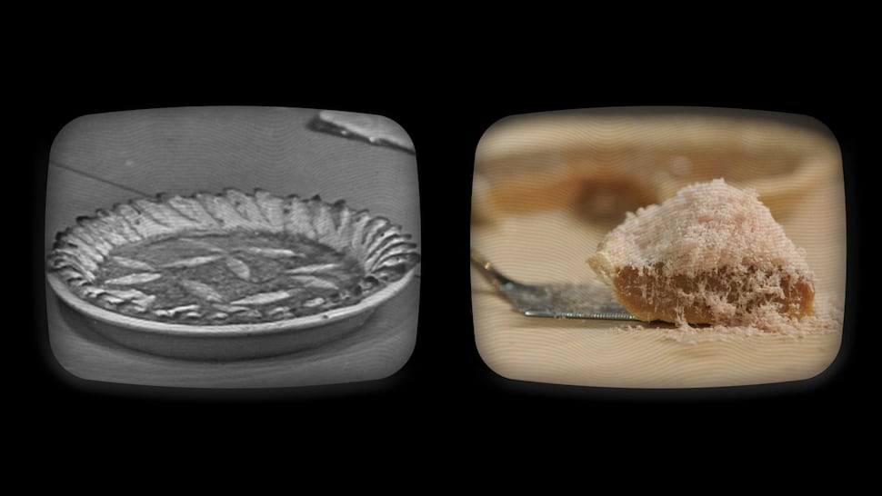 Une vieille image de tarte au sucre présentée aux côtés d'une image de la recette de tarte au sucre d'érable et au foie gras.