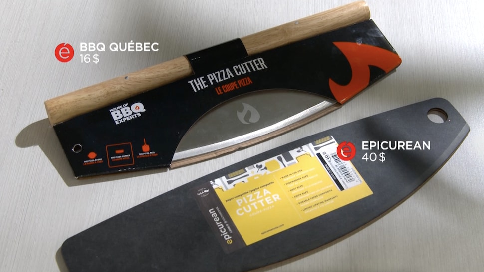 Deux couteaux à bascule pour couper la pizza, de la marque BBQ Québec et Epicurean.