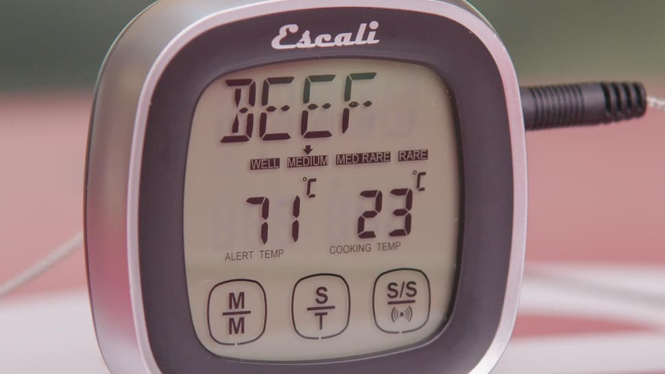 Un thermomètre à viande gris de la marque Escali.