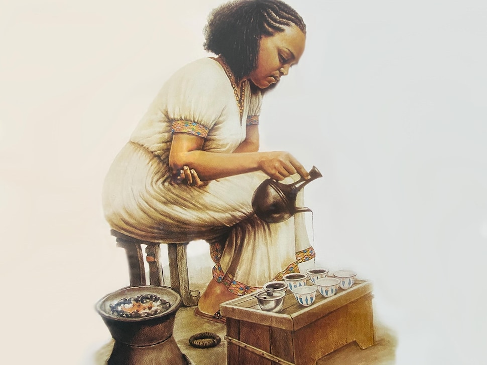 Illustration d'une femme noire qui sert du café sur un plateau surélevé déposé sur le sol.